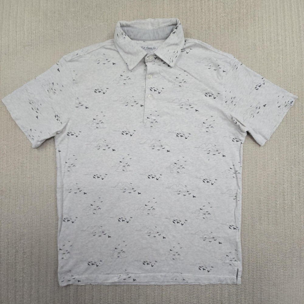 Fish Hippie Co Polo Shirt Mens Medium Gray Cloud Bird Sky Print Stretch Casual